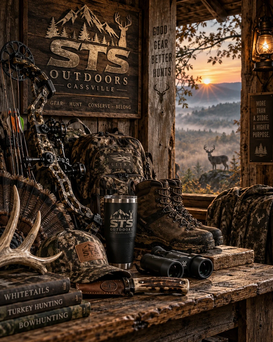Illustrated STS workbench with outdoor equipment and an open view toward the sunrise.